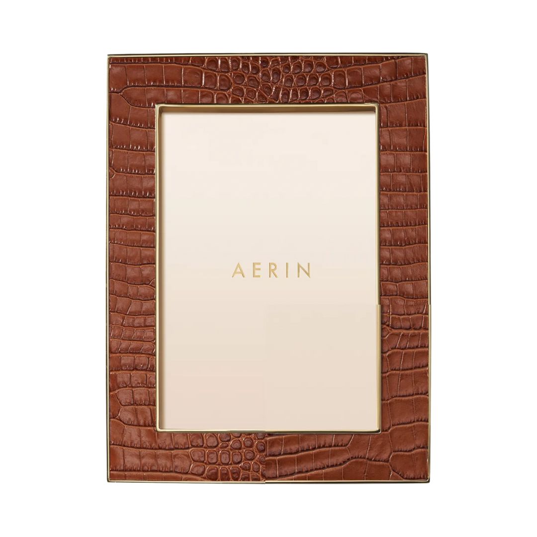 AERIN Classic Crocodile Leather Frame, 5x7 in Chestnut