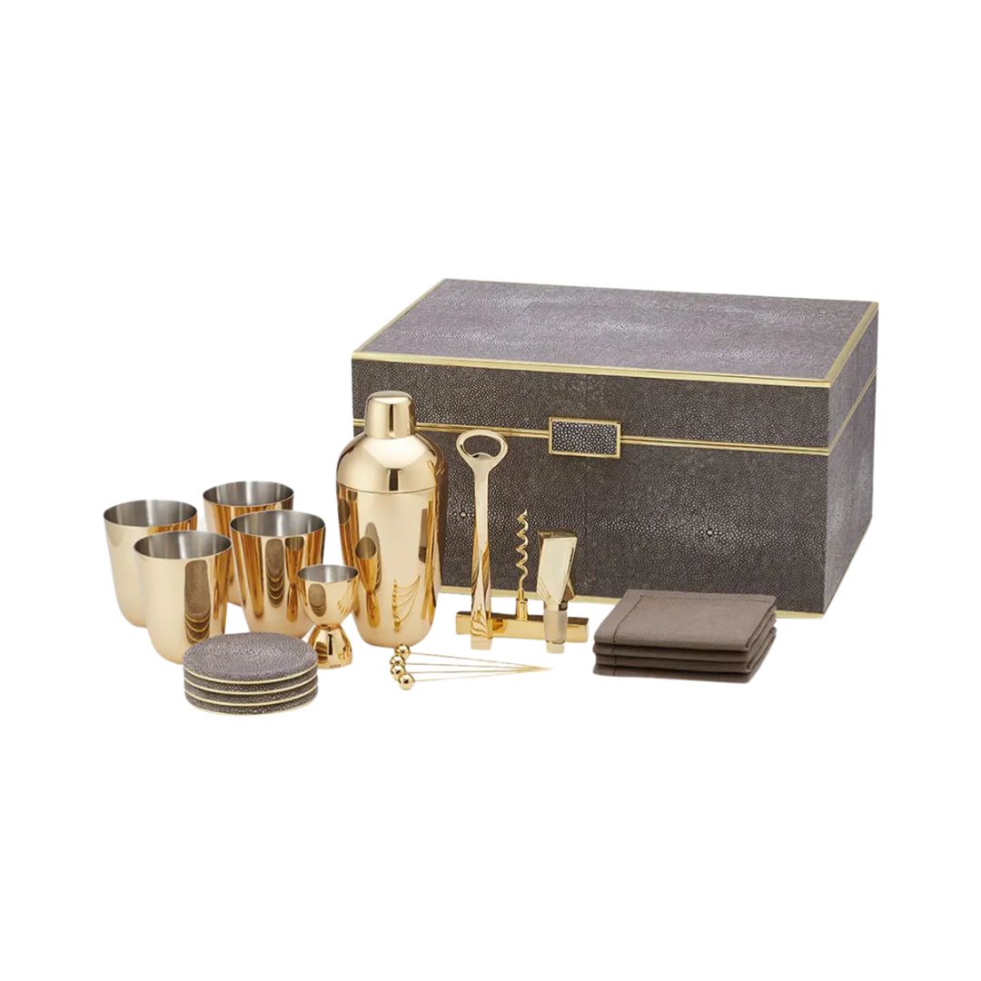 AERIN Classic Faux Shagreen Bar Set in Chocolate & Gold