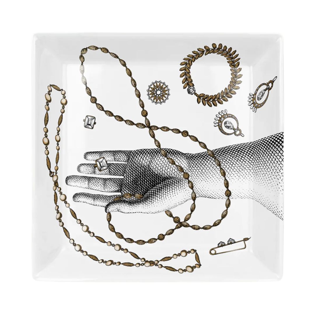 FORNASETTI Gioielli Square Tray in White & Gold