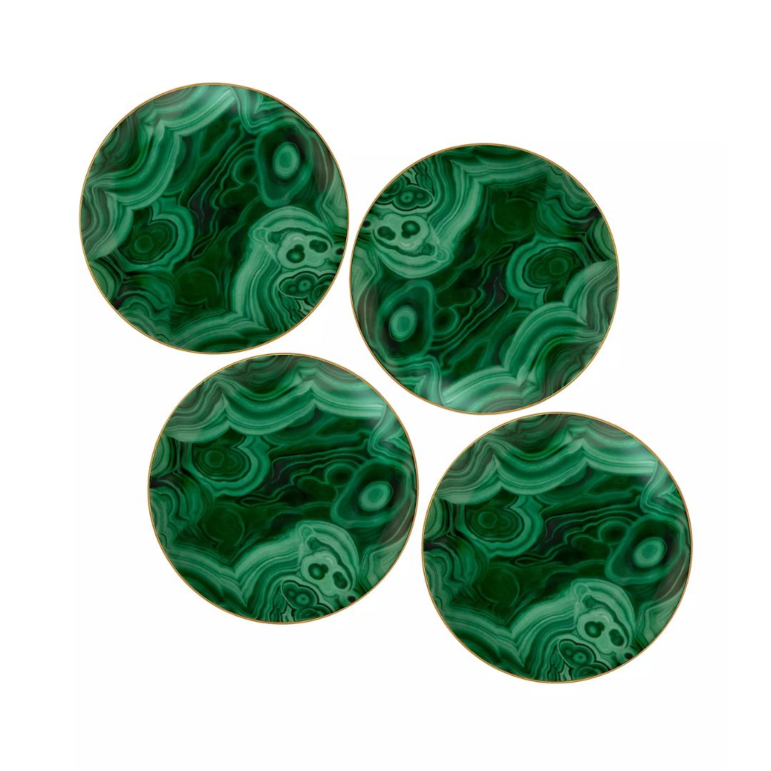 L'OBJET 4-Piece Malachite 24K Gold-Trimmed Porcelain Dessert Plates