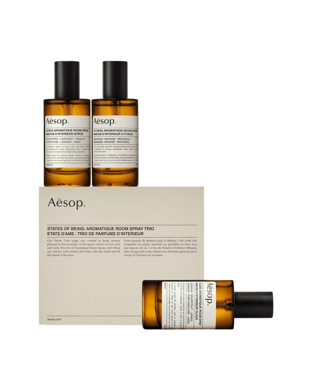 AESOP States of Being aromatique room spray trio. Curated set designed to transform interiors through scent and mood.