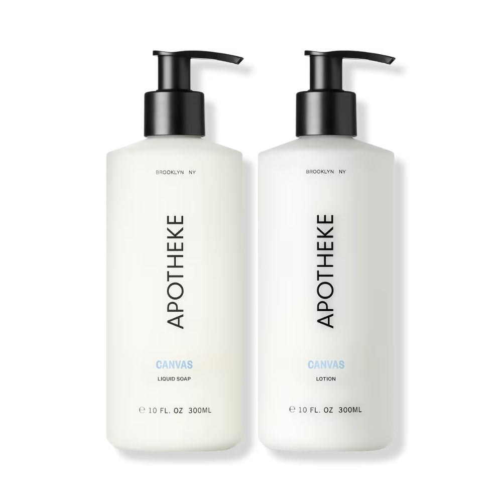 APOTHEKE Liquid Soap and Lotion Set cleanses, hydrates, and leaves hands softly scented.