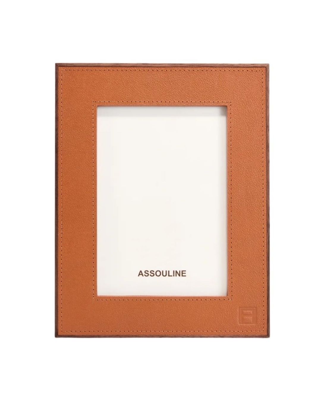 ASSOULINE Heritage photo frame in camel pebbled leather. Refined accent for desks, shelves, and curated interiors.