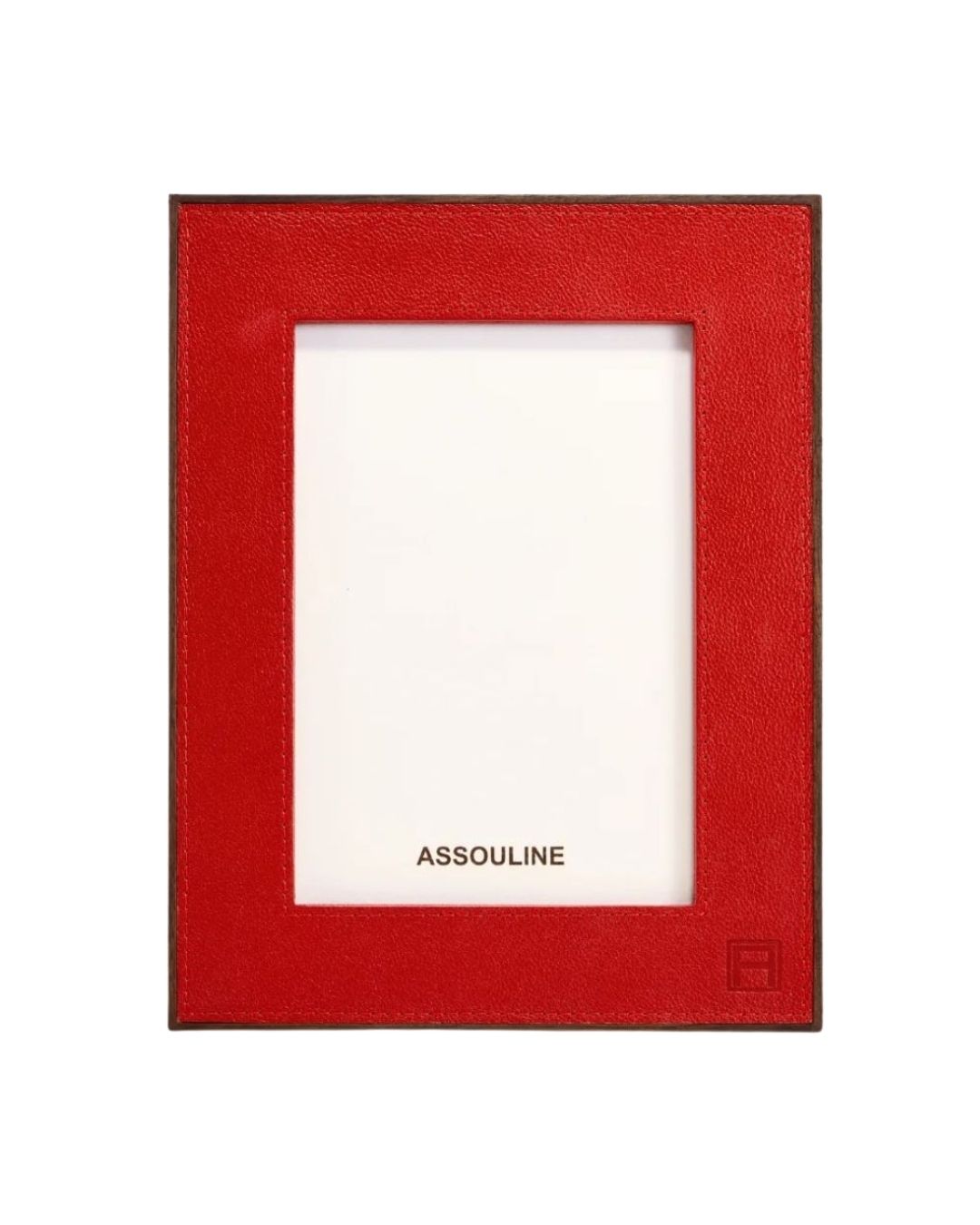 ASSOULINE Heritage photo frame in red pebbled leather. Refined accent for desks, shelves, and curated interiors.