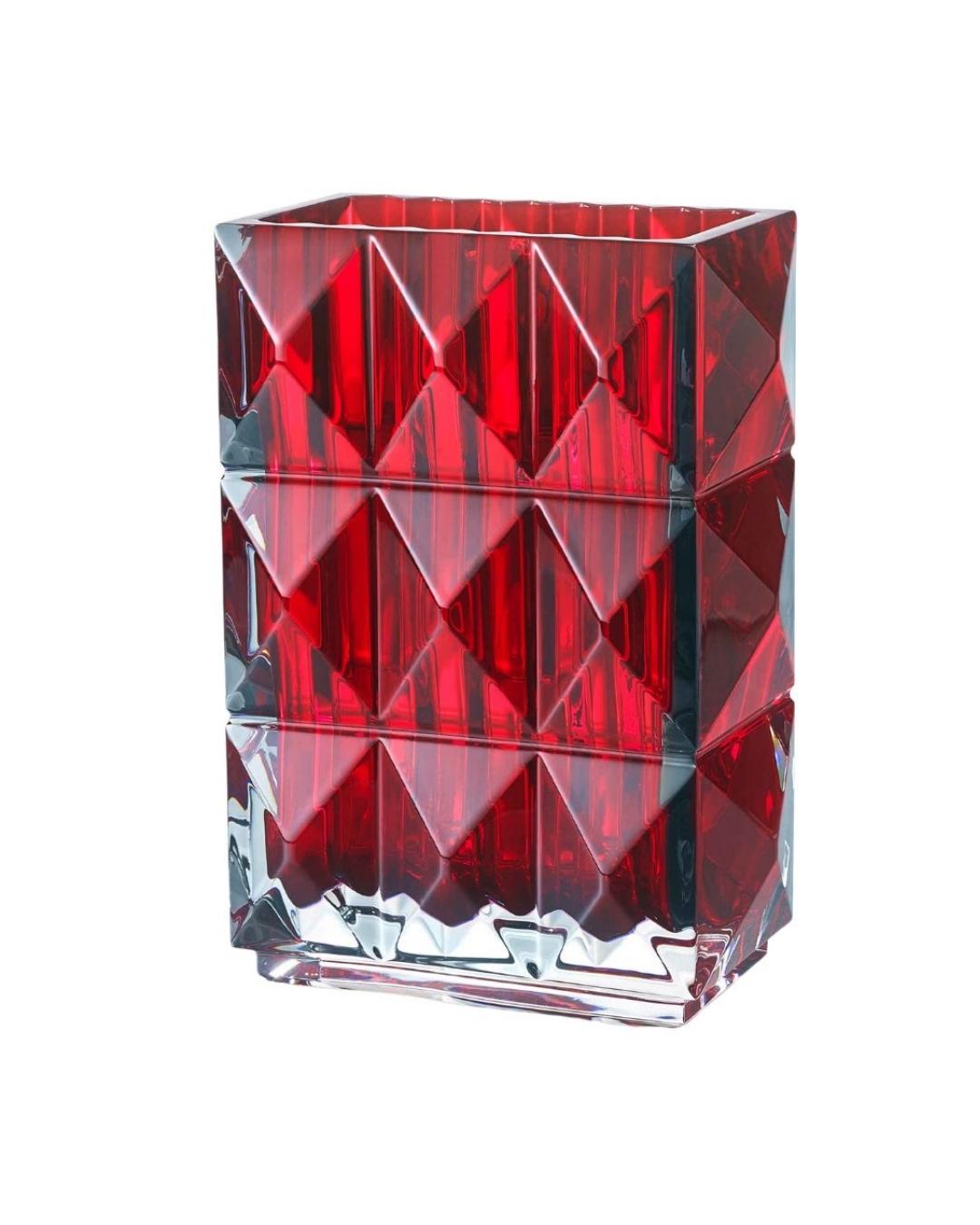 BACCARAT red Louxor rectangular vase. Faceted crystal design inspired by Art Deco elegance and bold architectural form.