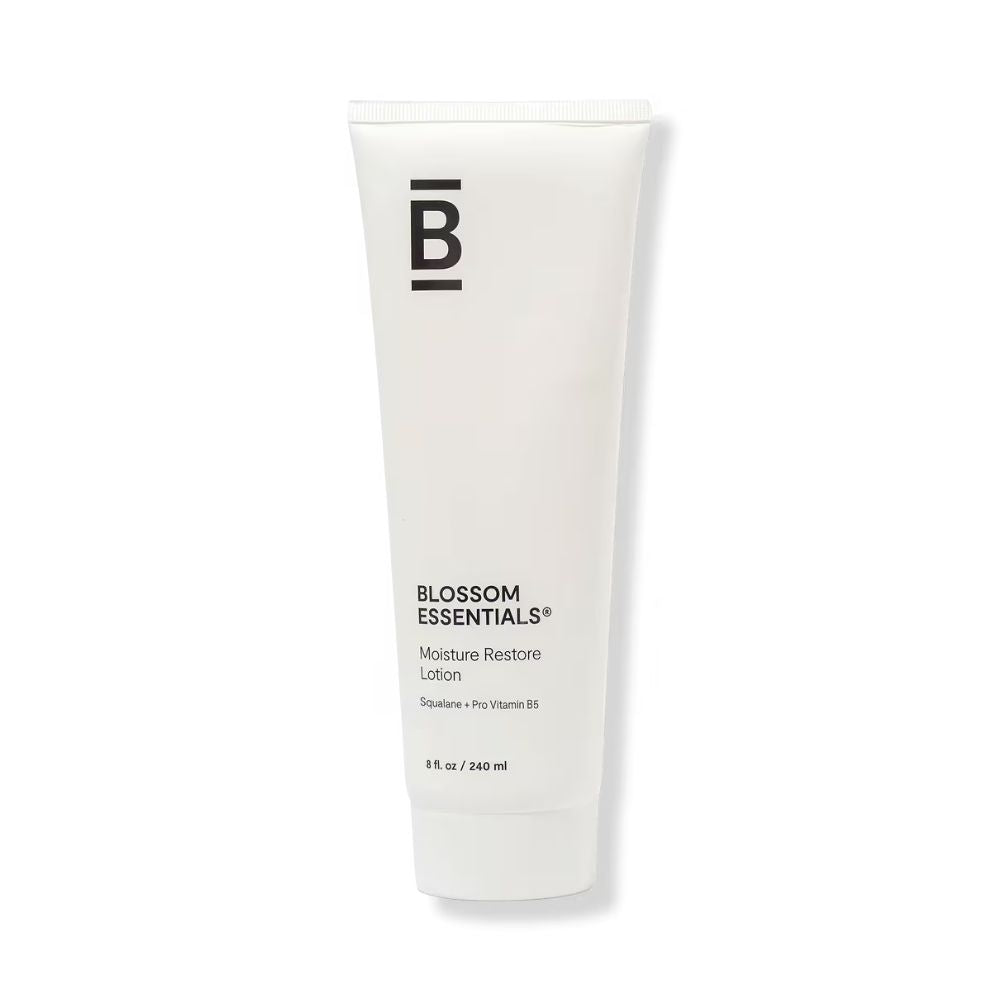 BLOSSOM ESSENTIALS Moisture Restore Body Lotion hydrates dry skin and helps support the moisture barrier.