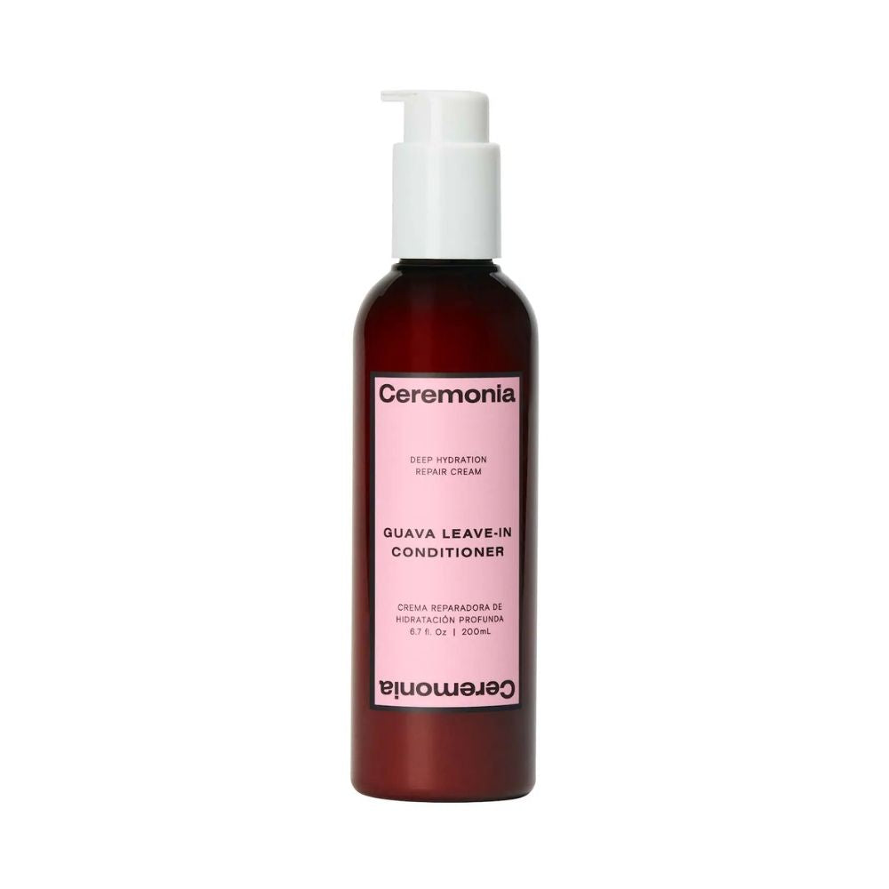 CEREMONIA Guava Leave-In Conditioner hydrates, detangles, and helps protect hair from heat and UV damage.