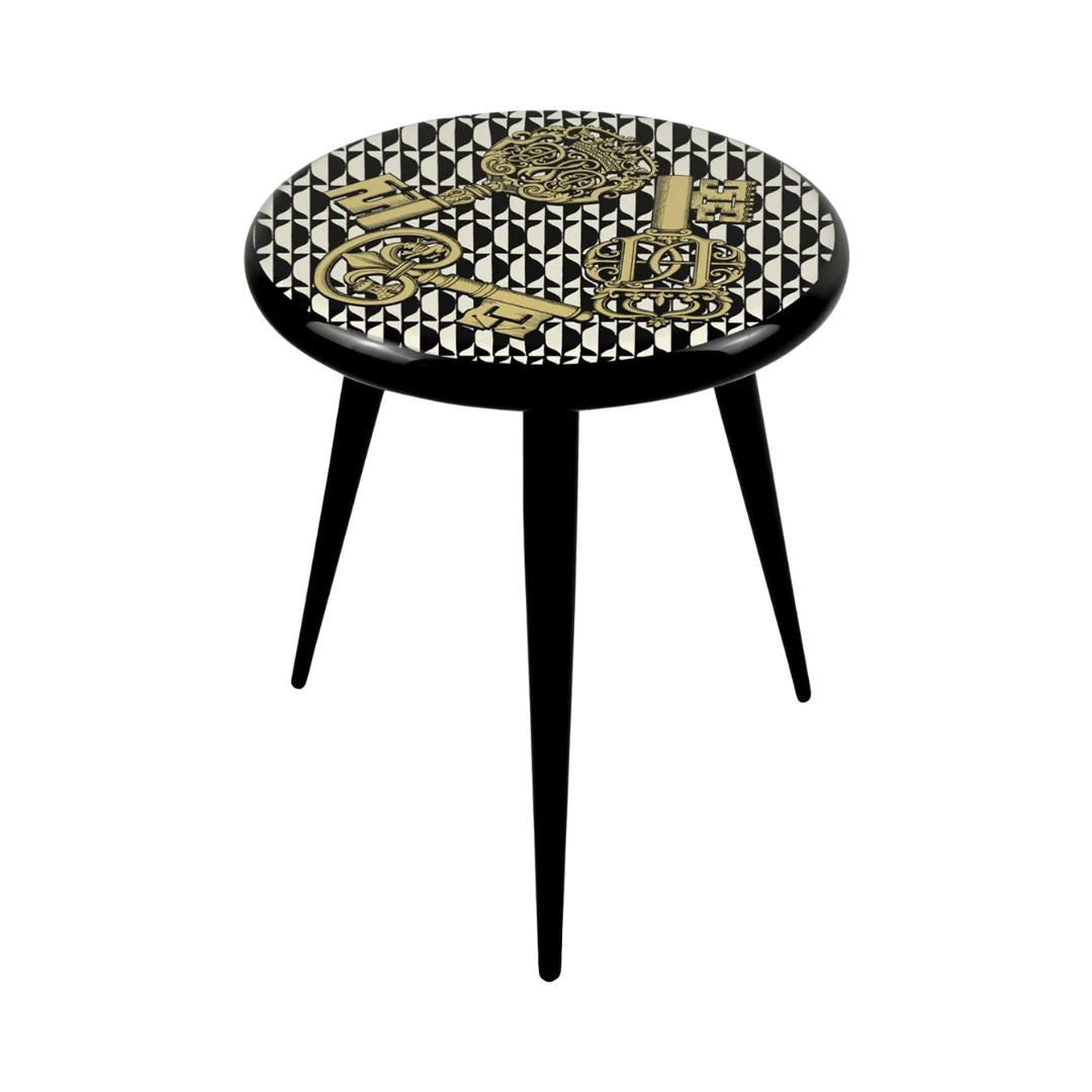 FORNASETTI Chiavi Oro e Losanghe Stool  in Black, Gold & White