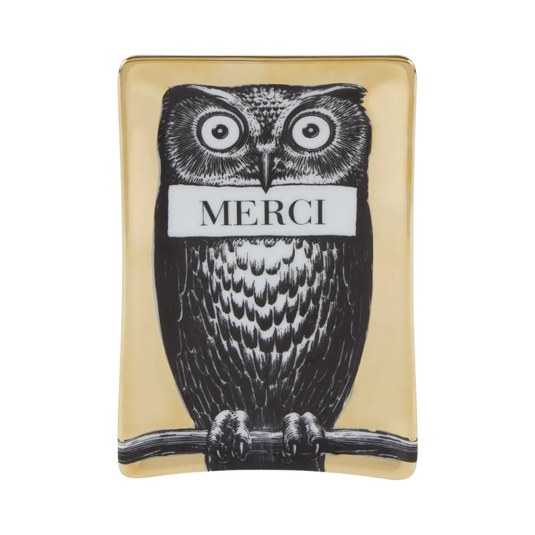 FORNASETTI Civetta Rectangular Ashtray in Gold, Black & White