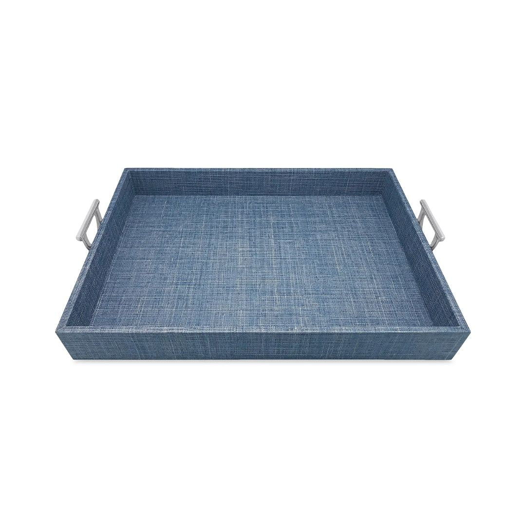 MARIPOSA Faux Grasscloth Metal Handled Tray in Blue