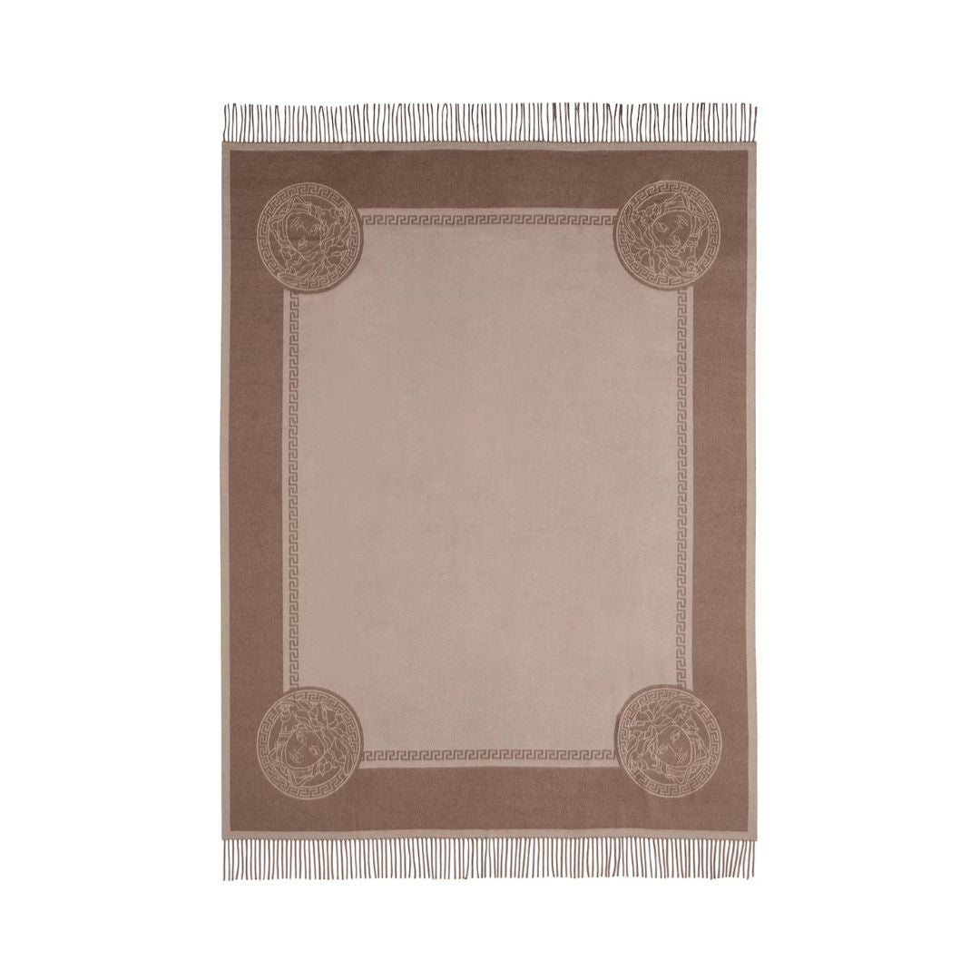 VERSACE Icon Silk Cashmere-Blend Fringed Blanket in Brown