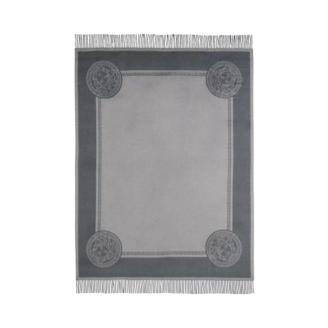 VERSACE Icon Silk Cashmere-Blend Fringed Blanket in Gray
